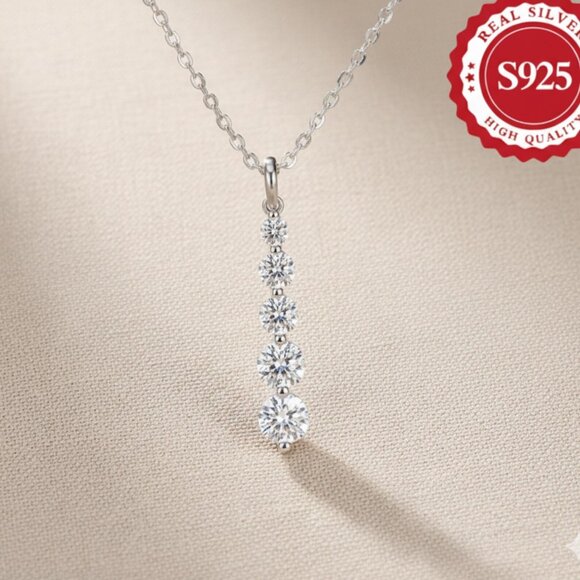 Sterling Silver Cubic Zirconia Pendant Necklace, French Minimalist Jewelry - Picture 4 of 8